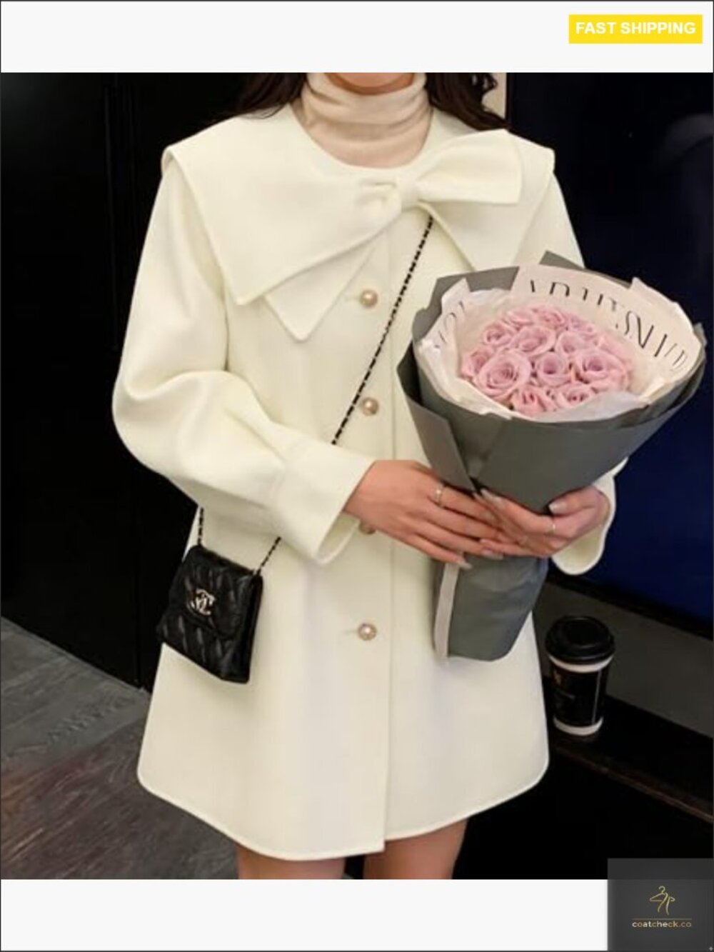 Classic Wool Pea Coat with Bow Detail Lapel Collar Single Breasted Long Sleeve - Picture 5 of 6